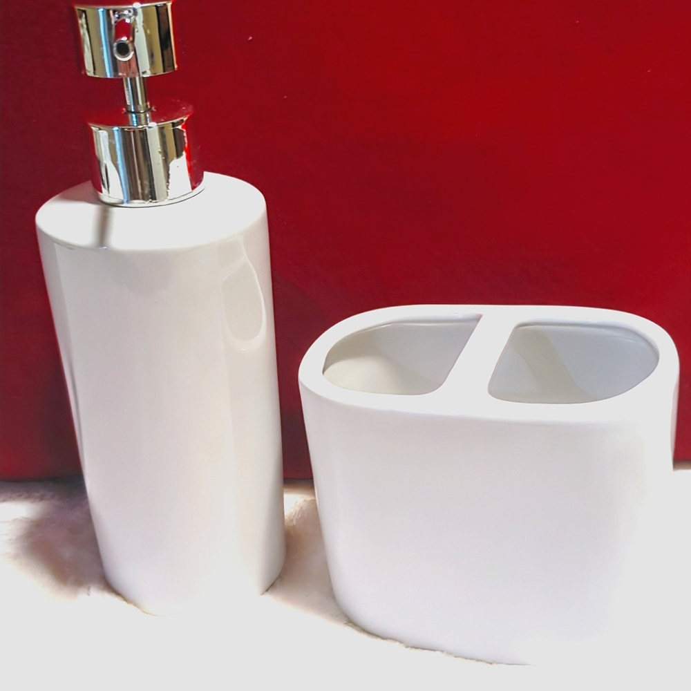 White Ceramic Bathroom Accessory Set NWT Toothbrush Holder and Soap Dispenser